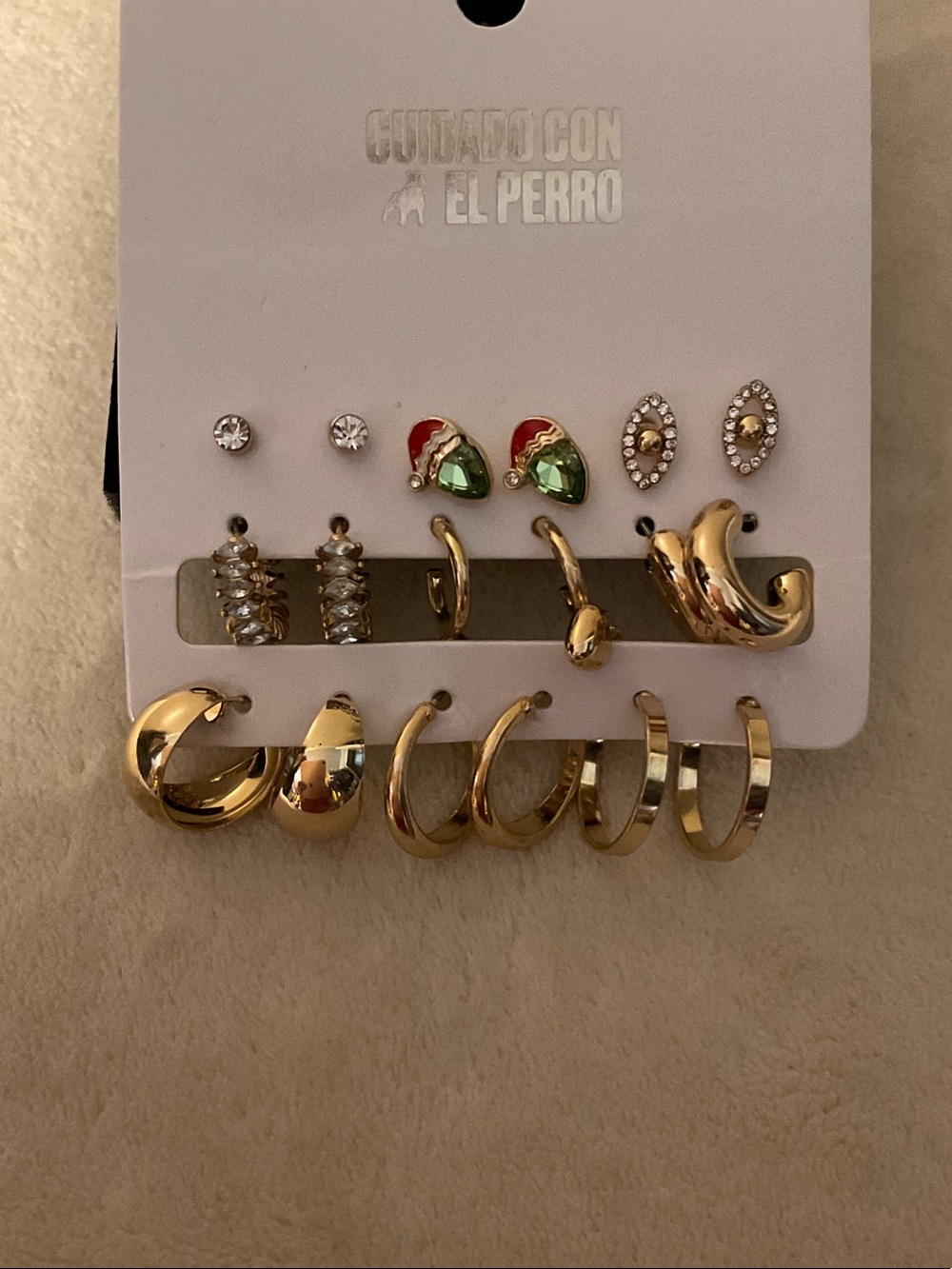 Gold-tone Multi-Pair Earring Set with Green Accent - Women Jewelry